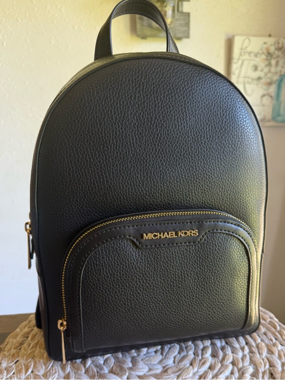 Michael Kors Black Pebbled Leather Backpack with Gold Hardware